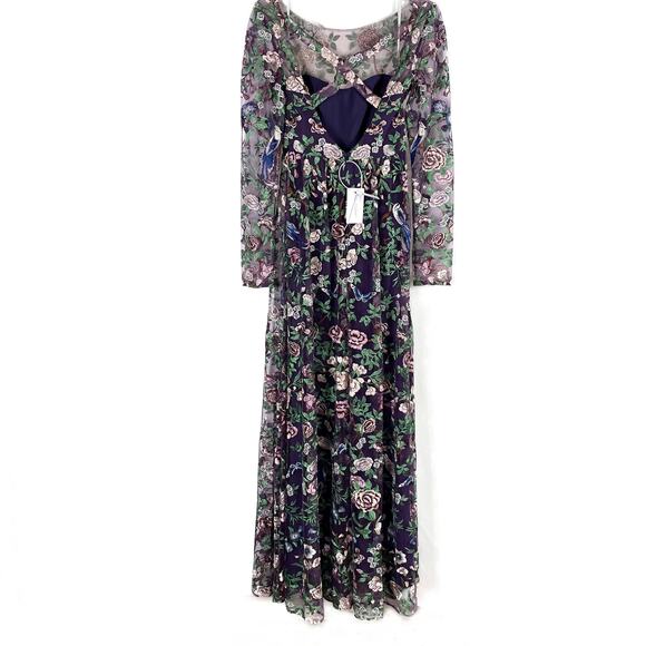 Marchesa Floral Embroidered Gown Purple Green Sheer Long Sleeve Dress Sz 2 - Picture 10 of 14